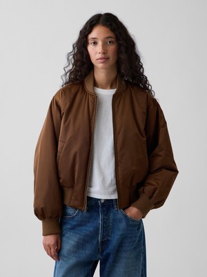 Gap Kadın Kahverengi Padded Saten Bomber Ceket