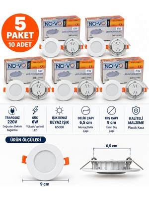 No-Vo 6W Sıva Altı Yuvarlak LED Panel Spot Beyaz Işık 6500K Trafosuz 220V Delik Çapı 6,5 cm Dış Çapı 9 cm 10 Adet (5 Kutu)