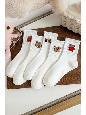 Hitit Socks Kadın 5 Çift Premium Kalite Beyaz Renkli Ayıcık ve Kalp Desenli Kısa Soket Çorap