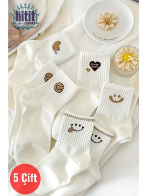 Hitit Socks Kadın 5 Çift Premium Kalite Gülen Surat ve Kalp Desenli Kısa Soket Çorap