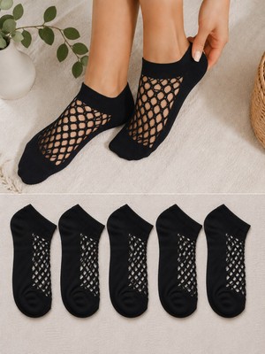 Hitit Socks Kadın 5 Çift Premium Kalite File Tasarım Bilek Çorabı Siyah