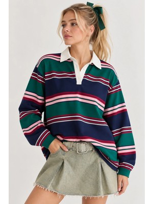 Mevese Oversize Polo Yaka Çizgili Kadın Sweatshirt - Lacivert-Yeşil