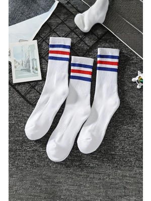 Hitit Socks Kadın 5 Çift Premium Kalite Yüksek Pamuklu Kolej Çorap Mavi Kırmızı Çizgili