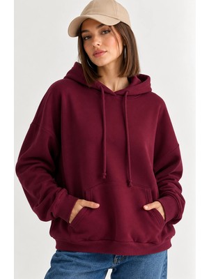 Mevese Taş Işlemeli Kanat Detaylı Kapüşonlu Rahat Kesim Kanguru Cepli Kadın Sweatshirt - Mürdüm