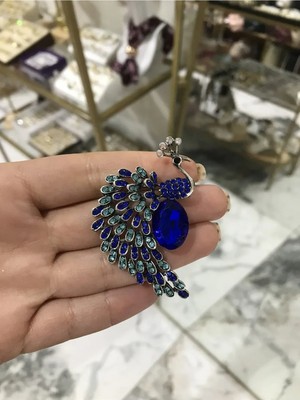 LinAlya Jewelry Tavus Kuşu Model Lacivert Taş Detaylı Broş