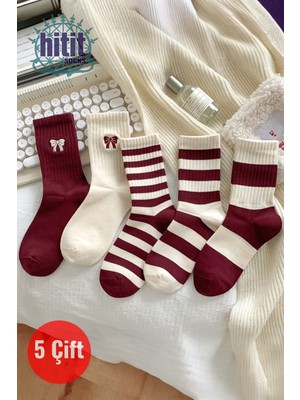 Hitit Socks Kadın 5 Çift Premium Kalite Kırmızı Beyaz Çizgili Kurdele Detaylı Uzun Kolej Çorap