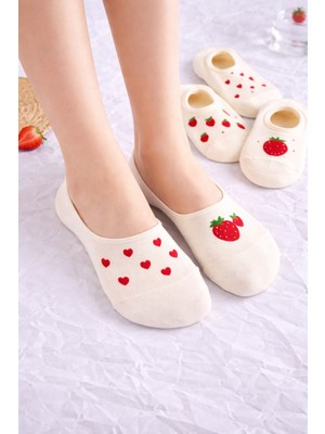 Hitit Socks Kadın5 Çift Çilek ve Kalp Desenli Yüksek Pamuklu Görünmez Babet Çorap Beyaz