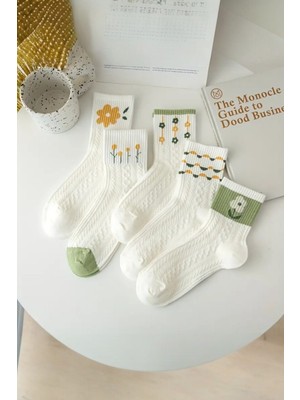 Hitit Socks Kadın 5 Çift Premium Kalite Yeşil Çiçek Desenli Soket Çorap