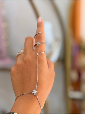LinAlya Jewelry Şahmeran Yüzük ve Bileklik Kombini- Silver Çiçek Detaylı Aksesuar Seti