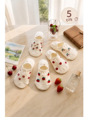 Hitit Socks Kadın 5 Çift Premium Kalite Meyve ve Çiçek Desenli Görünmeyen Kısa Çorap Çok Renkli