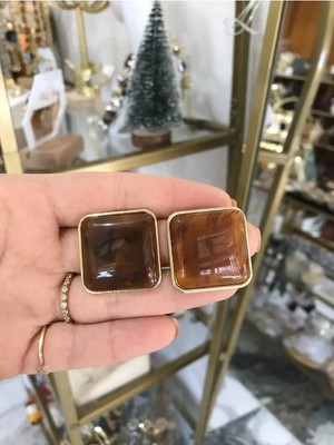 LinAlya Jewelry Kare Gold Detaylı Kahverengi Küpe