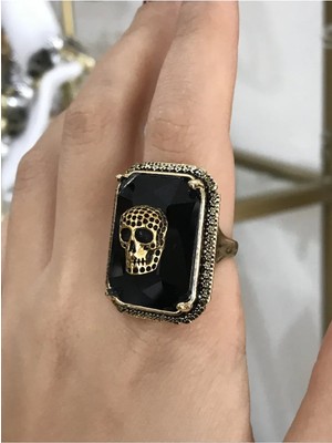 LinAlya Jewelry Kurukafa ve Gold Detaylı Siyah Yüzük