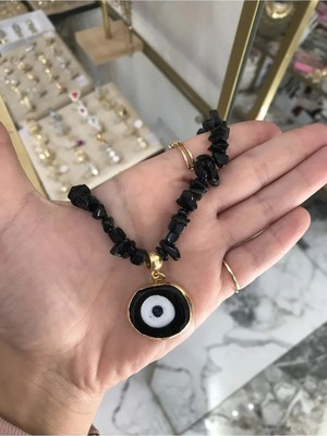 LinAlya Jewelry Siyah Nazar Boncuk Detaylı Doğal Taş Model Kolye