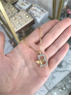 LinAlya Jewelry Çelik Arı Detaylı Taşlı Harf Kolye (B Harfi)