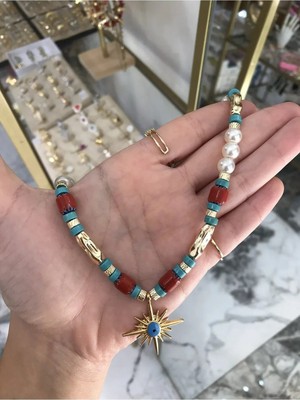 LinAlya Jewelry Cam Boncuk ve Inci Detaylı Yıldız Model Kolye