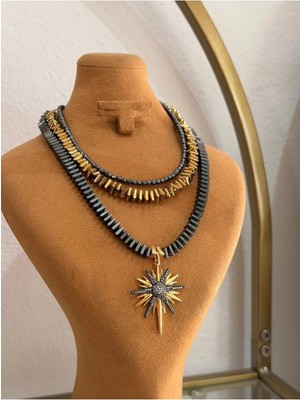 LinAlya Jewelry Kutup Yıldızı Model Çok Katmanlı Kesme Doğal Hematit Kolye
