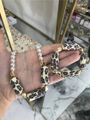 LinAlya Jewelry Gold Detaylı Cam Inci Model Kolye Bileklik Seti