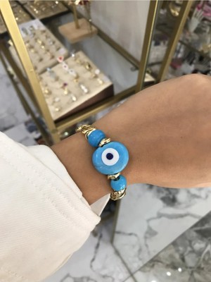 LinAlya Jewelry Gold Detaylı Mavi Nazarlı Lastikli Model Bileklik