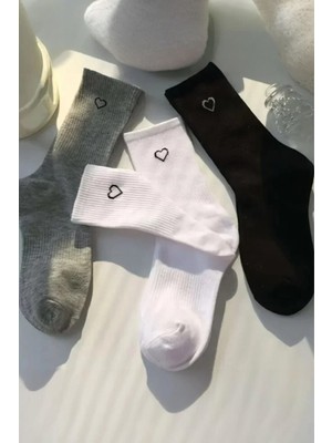 Hitit Socks Kadın 6 Çift Premium Kalite Kalp Detaylı Tenis Çorap Siyah Beyaz Gri