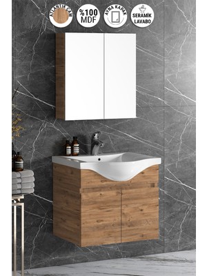 Özceden Yıldız 55 cm Atlantik Çam Mdf Seramik Lavabolu Asma Banyo Dolabı Takımı