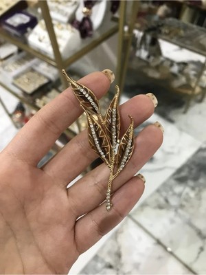 LinAlya Jewelry Yaprak Model Kahverengi Taş Detaylı Broş