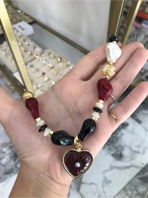 LinAlya Jewelry Cam Boncuk Model Gold Detaylı Kalp Kolye