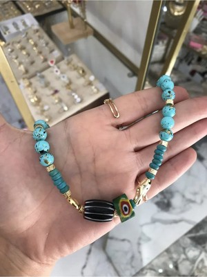 LinAlya Jewelry Mavi Doğal Taş Detaylı Boncuk Model Etnik Kolye