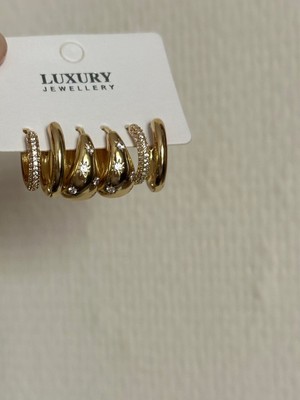 The Mat Design Gold Renk 6'lı Çoklu Halka Küpe Seti Yıldız Işıltılı Zirkon Taşlı ve Düz Bombeli Küpe Seti