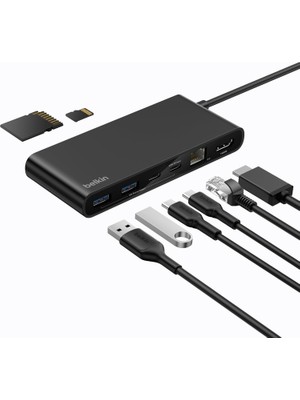 TeknoKapsül Belkin Connect 8 Portlu Usb-C Hub, 4K@60Hz’e Kadar Çözünürlükleri Destekleyen Ekran Uyumu, Mac, Windows ve Chromebook ile Çalışır, 100 W Pd, 10 Gbps Veri Aktarım Hızı ve 2,5 Gbps Ethernet - Siyah