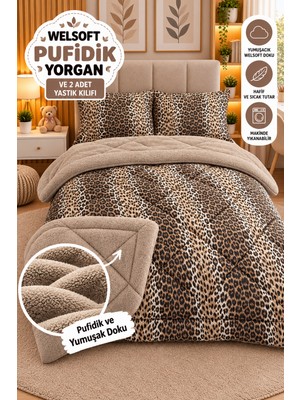 Violacasa Premium Çift Kişilik Welsoft Yorgan Çift Taraflı Yastık Kılıflı Bej Leopar