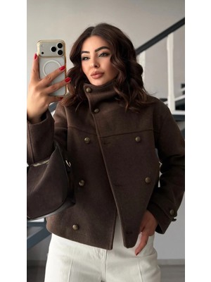 Elisin Acı Kahve Premium Dik Yaka Kol Apoletli Kaşe Kaban