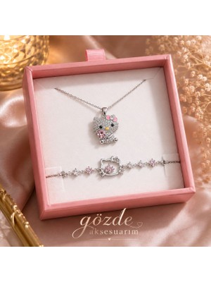 Gözde Aksesuarım Hello Kıtty Pembe Kolye Ile Bileklik Çelik Set