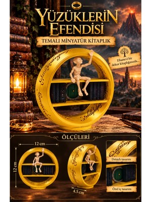 Printech3d Yüzüklerin Efendisi Temalı Dekoratif Minyatür Kitaplık - Altın Yüzük Tasarımlı Figürlü Kitap Seti