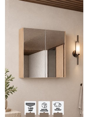 Karen Banyo Milano 60 Cm, Banyo Dolabı, Üst Modül, Aynalı Dolap, Atlantis Meşe