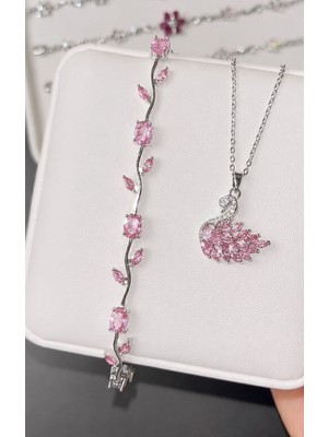 Gözde Aksesuarım Pembe Kuğu Ile Pembe Lale Bileklik Seti Çelik Set