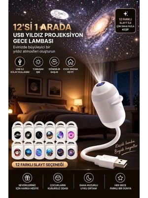Thorqtech Yıldız Galaksi Projektörü 12’si 1 Arada | Tavan Yansıtmalı Gece Lambası & Oda Aydınlatma | 12 Uzay Slaytlı USB Projektör