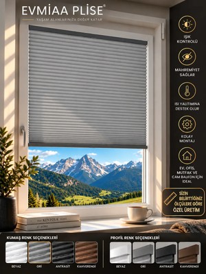Evmiaaplise Gri Katlanabilir Plise Perde – Özel Ölçü Cam Balkon, Mutfak, Salon ve Ofis Perdesi