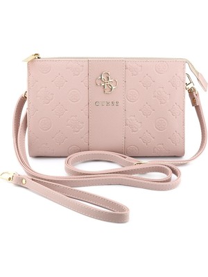 Guess Lisanslı Kadın Çanta Peony ve 4g Desenli Şerit Detaylı Metal Logolu Omuz Askılı El Çanta Pembe