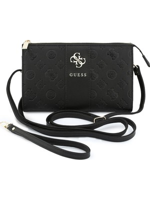 Guess Lisanslı Kadın Çanta Peony ve 4g Desenli Şerit Detaylı Metal Logolu Omuz Askılı El Çanta Siyah