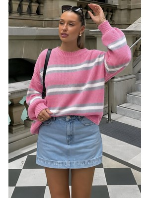 Madmext Pembe Çizgili Triko Kazak MG1244