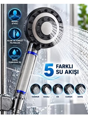 Midas Toptan Home Klor ve Kireç Filtreli Duş Başlığı 5 Farklı Su Akışı Masaj Etkili Filtreli Duş Başlığı