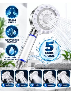 Midas Toptan Home Beyaz Filtreli Duş Başlığı 5 Farklı Su Akışı Masaj Etkili Klor ve Kireç Filtreleme