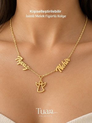 Tuan Collection Kişiselleştirilebilir Çift Isimli Melek Figürlü Kolye – Çelik Isimli, Lak Altın Kaplama Zincirli Kadın Kolyesi