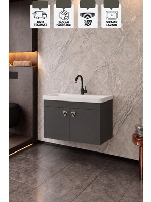 Karen Banyo Kemer 80 Cm, Alt Banyo Dolabı, Lavabolu, Antrasit, Kapaklı Banyo Dolabı, Seramik Lavabo Dahil, Mdf