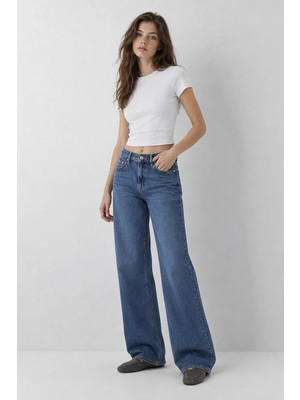 Hiccup Kadınlar My Fashıon Yüksek Bel Geniş Paça Denim Pantolon Orta Mavi Denim
