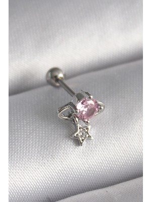 Beruflic 316L Çelik Gümüş Renk Pembe Zirkon Taşlı Sallantı Yıldız Detay Tragus Piercing TJ-PR1237