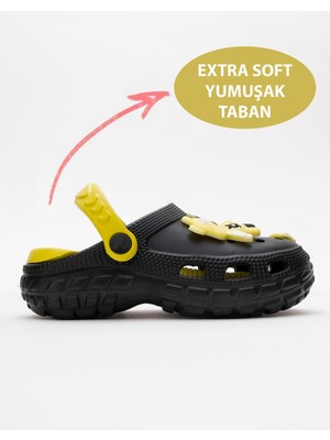 Siyah Sarı Ayıcıklı Unisex Çocuk Terliği Hafif Rahat Yazlık Sandalet
