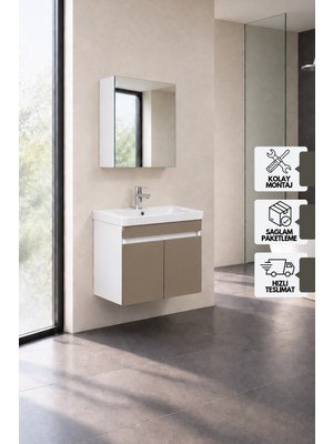 Karen Banyo Sedef 60 Cm, Lavabolu Banyo Dolabı, Lavabo Dahil, Ayna Dahil, Beyaz - Dafne