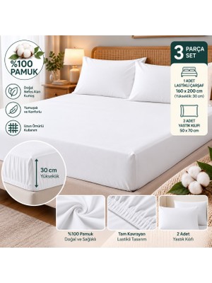 Slc Home %100 Pamuk Kumaş 160 x 200 cm Lastikli Çarşaf Seti Çift Kişilik (2li Yastık Kılıfı Dahil)