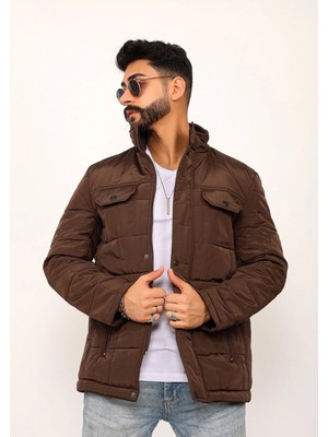 Gambocci Kahverengi Büyük Kareli Regular Fit Erkek Kapitone Mont Kaban